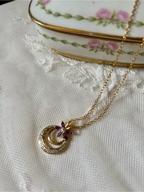 Gold Crescent Moon Pendant Necklace with Purple Flower Accent